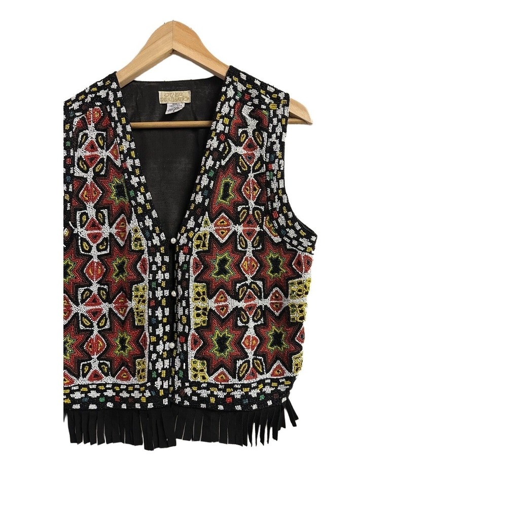 Vintage Hand Beaded Fringe Vest Silk Ivory Black Red Yellow Boho Festival S - Picture 2 of 6